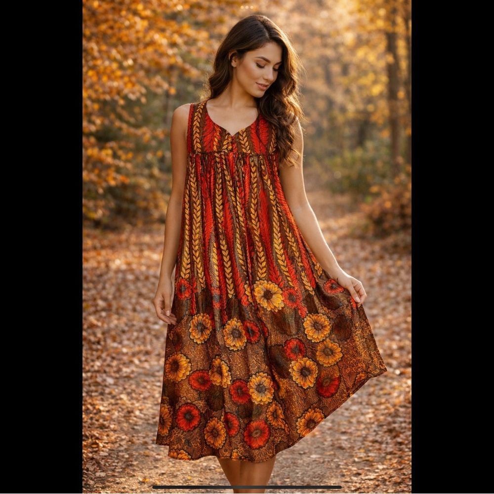One Of A Kind Boho Floral Tent Dress Polished Cotton Brown Red Sleeveless